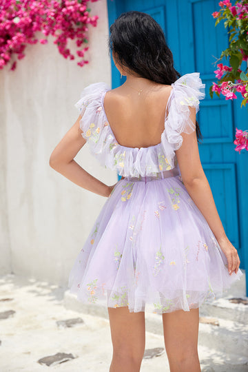 Lindo vestido de lavanda fuera del hombro Corsé de bienvenida con volantes